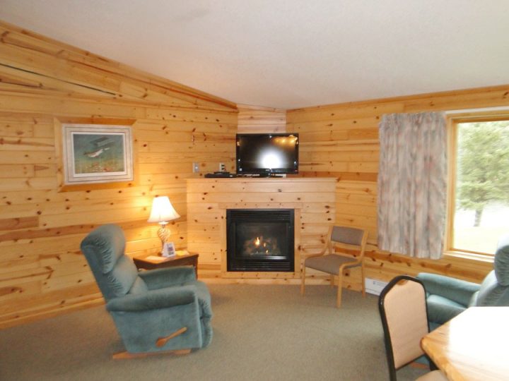 Cozy log cabin living room with fireplace and TV