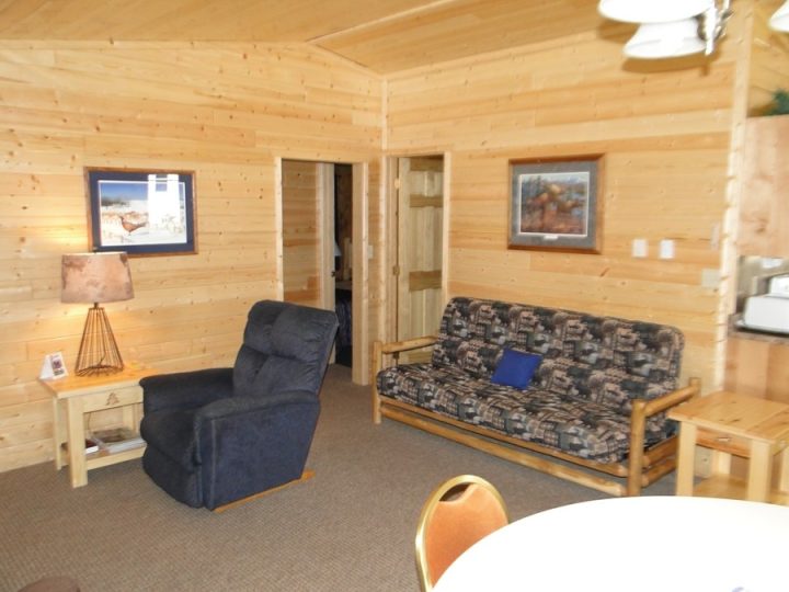 Cozy wood-paneled cabin living room with futon and recliner